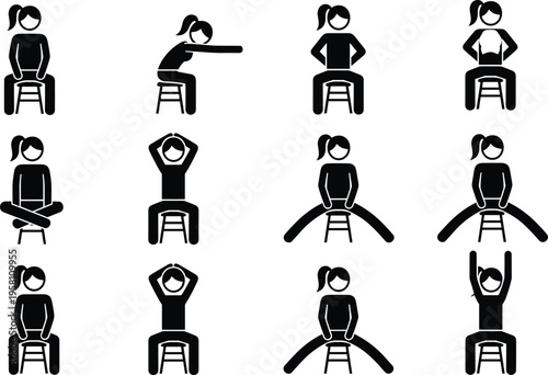 Vector silhouettes of woman performing seated chair exercises and stretches, showcasing fitness, mobility, and healthy lifestyle routine