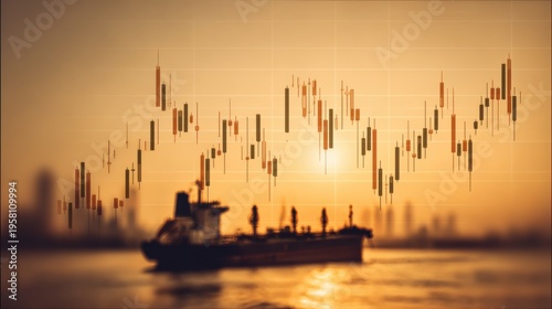 Market trends analysis on trade vessel port city financial graph sunset wide angle economic forecast