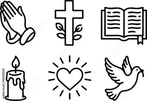 Christian religion outline icon set praying cross bible candle heart dove vector