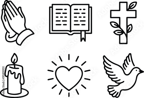Christian religion outline icon set praying cross bible candle heart dove vector