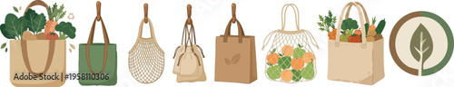 Web Eco Friendly Reusable Bag Collection: Cotton Tote Bags, Mesh Produce Bags, Sustainable Grocery Shopping, and Leaf Logo Vector Illustrations