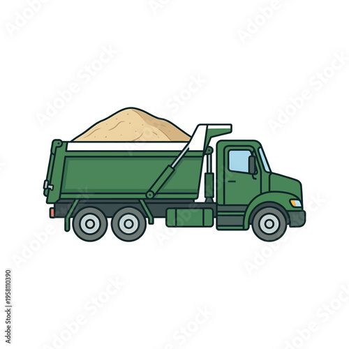 A green dump truck filled with sand, shown from the side view.