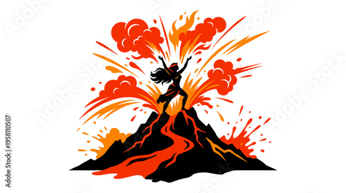 Mythical fire goddess standing on erupting volcano with lava vector illustration