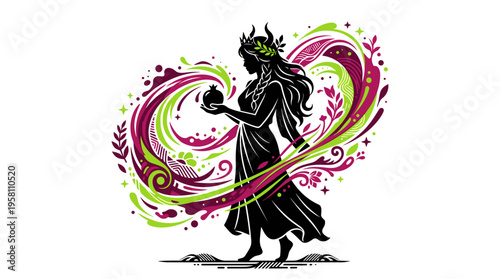 Mythological goddess silhouette holding pomegranate fruit with colorful abstract swirls vector illustration