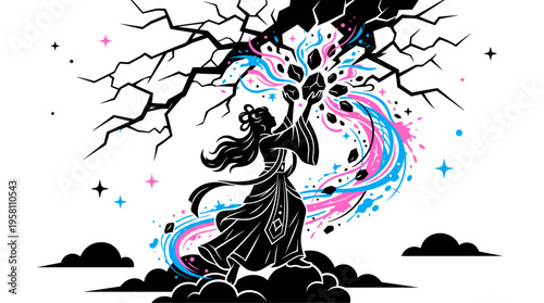 Mythological goddess silhouette mending the cracked sky with magical energy vector illustration