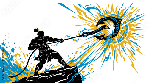 Polynesian demigod silhouette pulling the sun with a tribal fish hook vector illustration