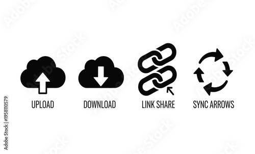 Black icons for upload download share.