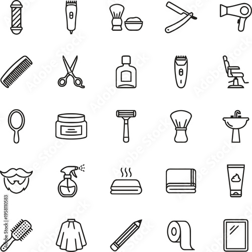 A collection of black and white line drawings of various grooming and beauty tools and accessories.