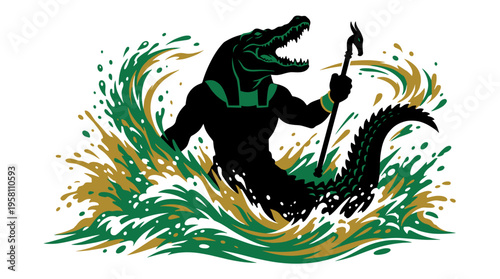 Powerful Egyptian god Sobek crocodile emerging from waves holding staff vector illustration