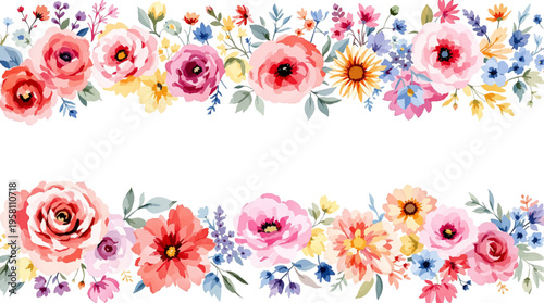 Romantic botanical flowers surrounding a soft white space for celebration notes