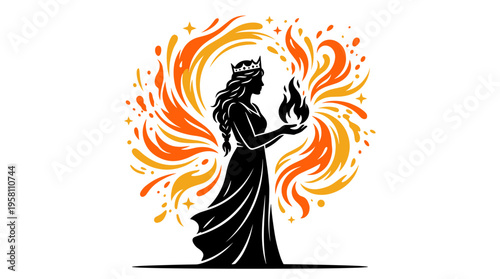 Silhouette of a magical queen holding a flame with orange energy swirls vector illustration