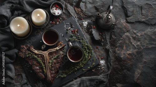 Gourmet feast preparation rustic kitchen food arrangement cozy atmosphere overhead view culinary artistry