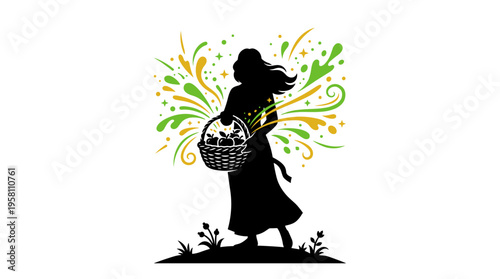 Silhouette of a woman carrying a fruit basket with vibrant abstract splashes vector illustration