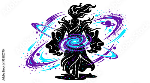 Silhouette of cosmic deity holding glowing galaxy isolated on white background illustration