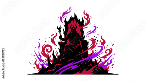 Silhouette of dark king on throne with red purple flames vector illustration