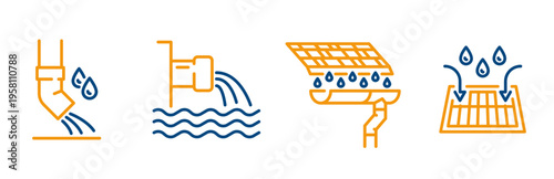 Urban waste drainage icons, set icon of drain water of roof, gutter with rain pipe, street storm sewage, urban sewer drain, outline editable stroke