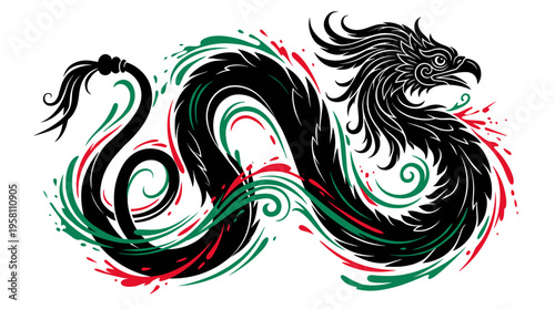 Stylized Mexican feathered serpent dragon with green and red accents vector illustration