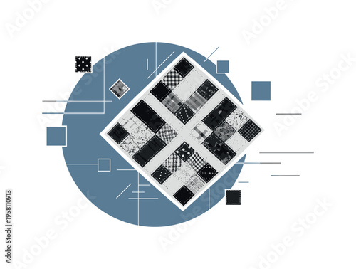 retro quilt patchwork made from faded vintage fabrics arranged in diamond pattern, black and white textile pieces with stitched borders, large dusty blue