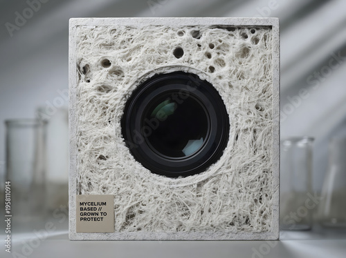 Minimalist product shot of a mycelium-based square speaker or camera-like device with a large black lens-style driver, sustainable eco design, soft shadows and lab glassware background.