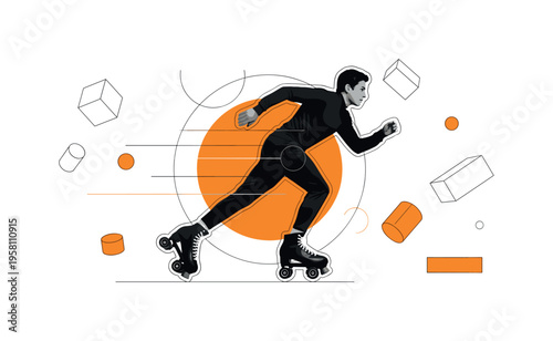 black and white person skating forward in dynamic pose wearing classic quad roller skates, large orange circle behind the figure symbolizing motion and energy,