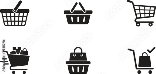 A collection of shopping cart and basket icons in black and white