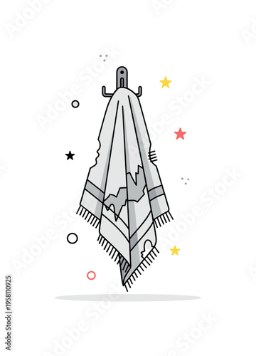 Worn towel soft household textile hanging loosely on a simple wall hook while frayed edges and faded fabric texture suggest long time everyday use. The scene