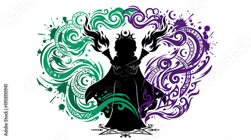 Triple headed goddess Hecate silhouette holding torches with mystical swirls vector illustration