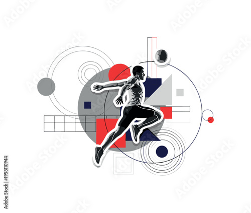 monochrome athlete captured mid-jump during a sporting moment, white outline cut-out effect around the figure, abstract circles and structured blocks