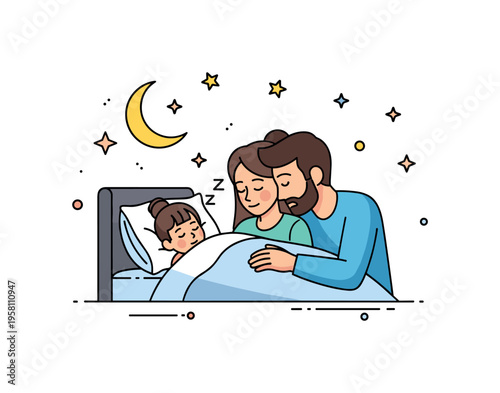 Bedtime family moment parents softly looking at a sleeping child tucked under a blanket while moon and small star icons create a calm nighttime atmosphere. The
