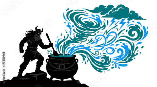 Viking warrior silhouette stirring magical cauldron brewing storm clouds vector illustration