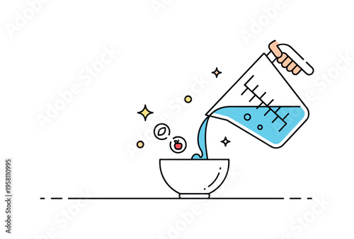 Measuring liquid ingredients glass measuring jug with visible measurement lines pouring liquid into a bowl while small sparkle icons highlight careful portion