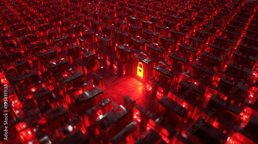 Fototapeta premium Glowing red firewall with one yellow light abstract 3d render of secure network system with single point of access