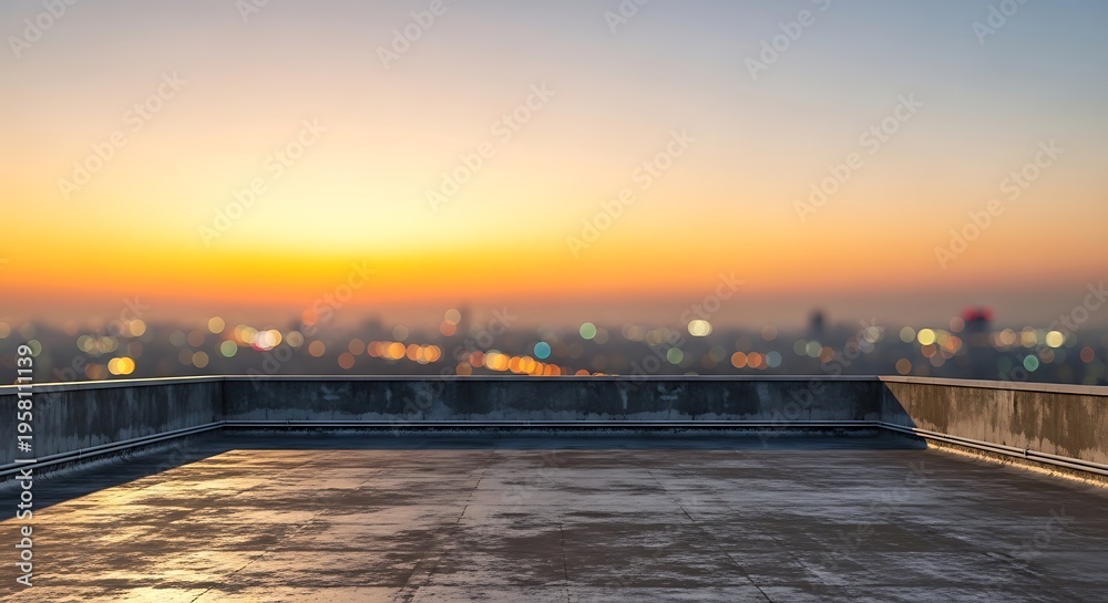 Fototapeta premium Rooftop balcony overlooking a city at sunset with warm golden light reflecting on the wet concrete floor and blurred city lights in the distance