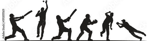 A series of black silhouettes depicting various cricket playing positions on a white background