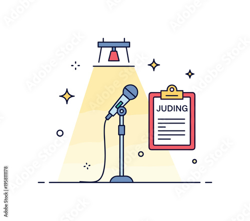 Singer audition stage showing a microphone stand in the spotlight while a simple judging clipboard icon appears nearby. Musical moment representing talent