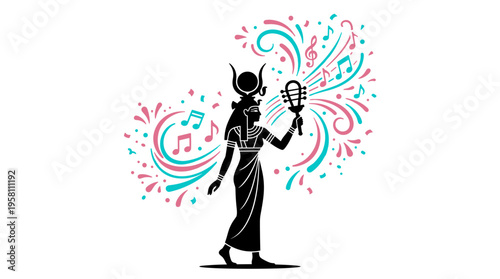 Egyptian goddess Hathor silhouette playing sistrum with colorful musical swirls vector illustration