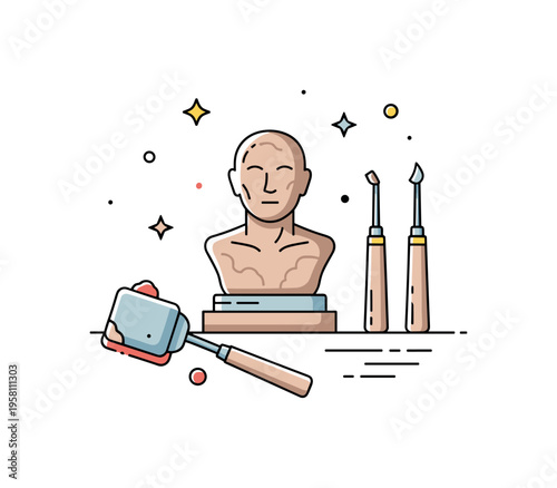 Clay sculpting process centered on a small sculpture bust placed on a simple base while carving tools and a smoothing spatula lie beside it. Artistic studio