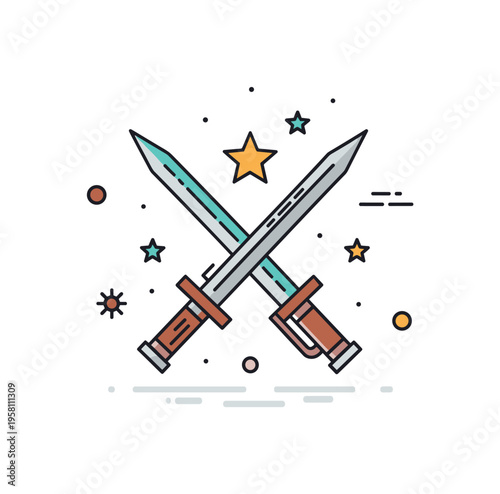 Historic infantry bayonet symbol crossed bayonet and rifle muzzle forming a compact military emblem with small star icons representing discipline and service.