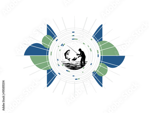 black and white fisherman silhouette sitting on a small dock with a fishing rod extended over water, cut-out collage effect with white outline, abstract