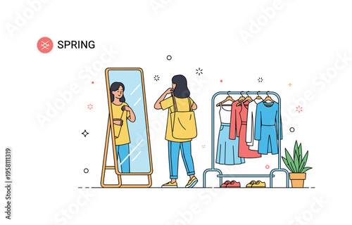 Spring dressing room moment person adjusting a light outfit while looking into a mirror and a clothing rack stands nearby. Casual fashion scene representing