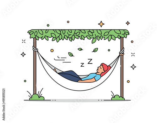 Afternoon hammock retreat where a person sleeps gently in a hammock under a leafy canopy while small floating leaves suggest a soft breeze. The relaxing scene