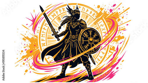 Female Viking Valkyrie warrior silhouette with sword and shield vector illustration