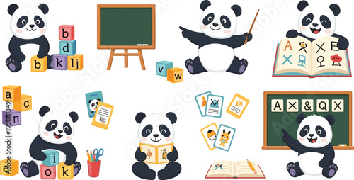 Cute panda learning set with alphabet, reading and classroom activities cartoon vector illustration