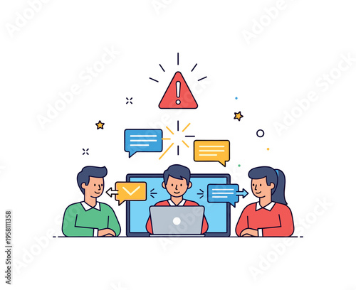 Internal crisis communication office team exchanging message icons around a shared laptop while alert symbols appear above the screen. Spark icons highlight