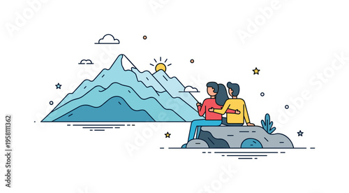 Couple enjoying mountain view two figures sitting on a rocky ledge while layered mountain shapes and a small rising sun create a peaceful panoramic landscape.