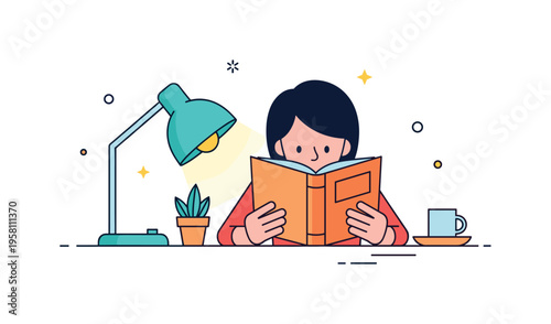 Evening reading routine featuring a person enjoying a book while a small table lamp gently lights the pages. The scene captures comfort, quiet focus and