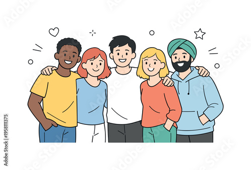 Group of friends together. A diverse group standing close, smiling and relaxed, expressing togetherness. Open composition and simple decorative elements convey
