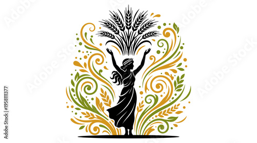 Goddess silhouette holding wheat bundle with floral ornaments isolated on white vector illustration