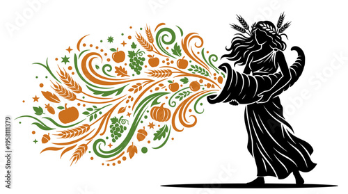 Goddess of harvest holding cornucopia overflowing with autumn bounty vector illustration