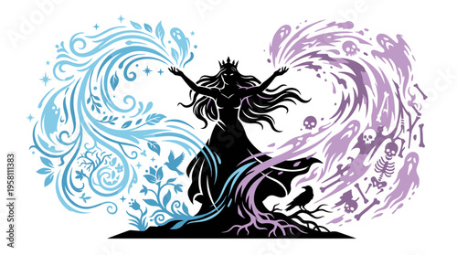 Goddess silhouette queen holding life and death magic energy vector illustration